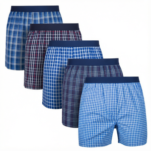 Lot de 5 boxers pour hommes à carreaux, taille mi-haute, tissés 100 % coton, respirants, lavables en machine, motif bleu - Product Image 1