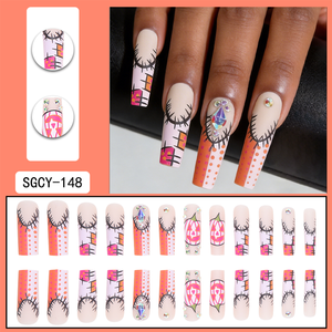 Ingrosso 24 Pezzi Unghie Finte di Halloween Divertenti a Forma di Zucca Stile Graffiti con Diamanti, Unghie Francesi Indossabili, Unghie Finte per un Look Atmosferico - Product Image 6