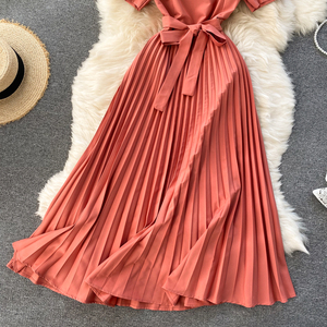 Váy xếp ly mỏng cổ vuông kiểu Pháp cổ điển tay ngắn ôm eo dự tiệc - Product Image 4