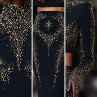 Ensemble de soirée deux pièces noir perlé pour femme, haut court à col montant et jupe sirène taille naturelle, orné de cristaux dorés et argentés, personnalisable OEM/ODM