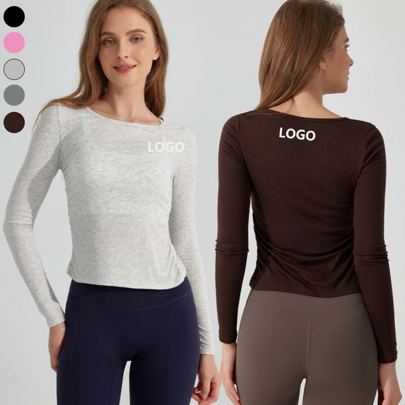 XW-YC348 Long Sleeve Gym Sportswear Pleated Side Workout Corset Plus Size Fitness Quick Dry Yoga Sports Crop Tops for Women