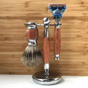 Kunden spezifische gehobene Qualität Männer Rasierpinsel Set 5 Klinge Rasiermesser Palisander Metall griff Pure Badger Haar Bart bürste