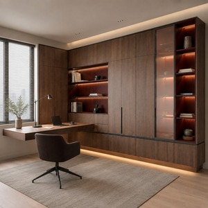 Meubles <span class=keywords><strong>de</strong></span> bureau modernes avec bibliothèque en L, bureau intégré et colonnes <span class=keywords><strong>de</strong></span> présentation en verre - Product Image 6