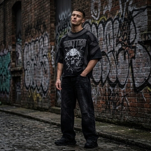 Camiseta de hombre con calavera de diamantes de imitación y lavado ácido de 280 g, 100% algodón, estilo urbano, transpirable, ecológica, para minoristas de comercio electrónico global, MOQ - Product Image 2