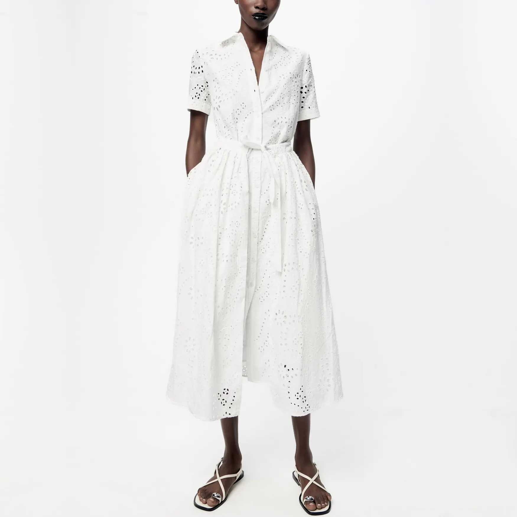 OEM ODM低MOQカスタムミディドレス高品質コットンアイレット刺繍生地ベルト付き夏服女性ロングドレス