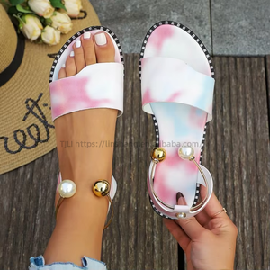 Nouvelle collection printemps, sandales plates décontractées pour femmes, grandes tailles, légères, avec perles, métal, lacets, imprimées, tendance été - Product Image 2