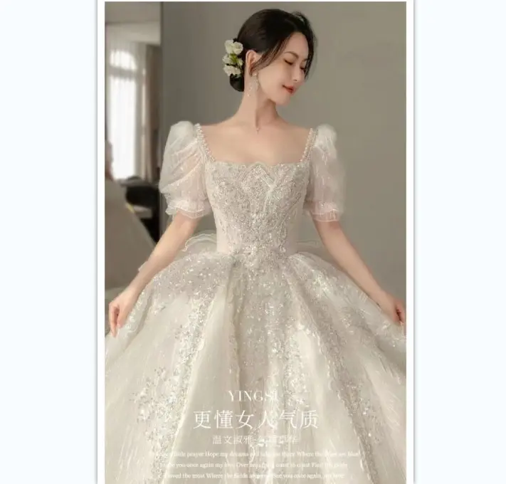 French light wedding dress 2023 new bride main yarn bubble sleeve trailing heavy industry wedding dress wholesale