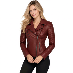 Chaqueta de Motociclista de Cuero Sintético Color Borgoña para Mujer, Cuello Camisero, Cierre de Cremallera, Corte Ajustado, Largo Regular, Color Sólido para Otoño - Product Image 1