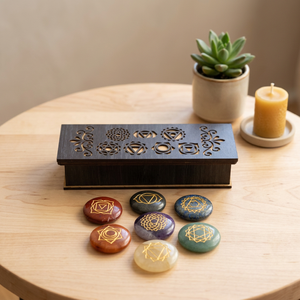 Juego de piedras grabadas con chakras en caja de madera, cristales redondos grabados con láser para colección de Feng Shui - Product Image 3