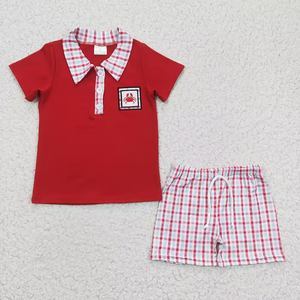 Conjunto de Verano para Hermanos con Bordado de Cangrejo, Estilo Gingham, Ecológico, de Spandex/Poliéster, Manga Corta - Product Image 3