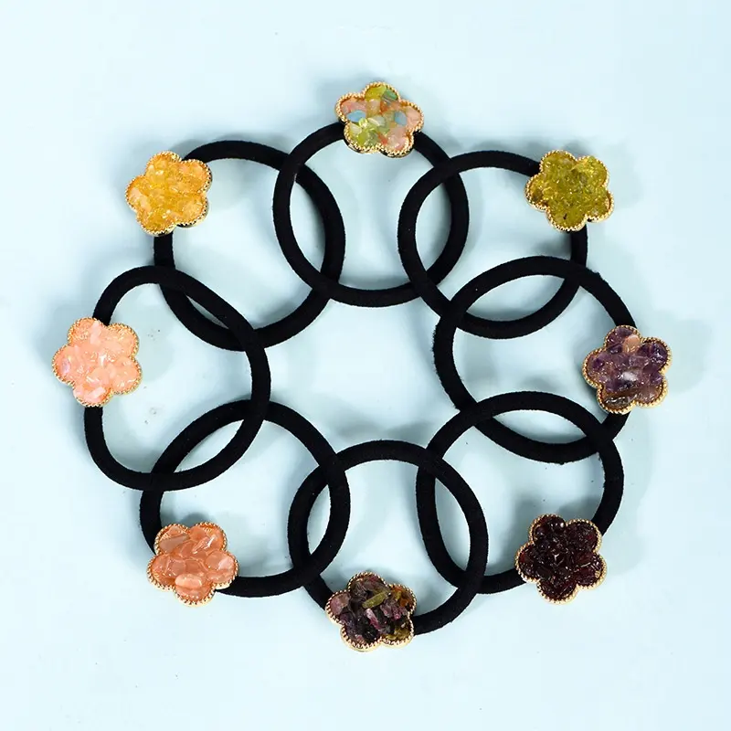 Wholesale flower shaped healing crystal hair ring black elastic cute hair accessories rubber band hair ties