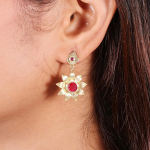 Vintage Gold Plated Brass Ruby Flower Earrings, Minimal <b>small</b> daily wear earrings with pink gemstone For Women Party Jewelry - Product Image 3