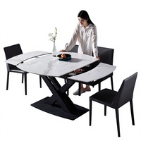 Table à manger extensible moderne et personnalisable en pierre frittée avec pieds en métal noir, idéale pour l'hôtellerie