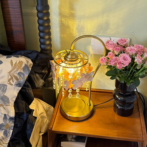 Lampe chauffe-bougie vintage en laiton LANJO avec gouttes de cristal et motif papillon pour la décoration intérieure - Product Image 4
