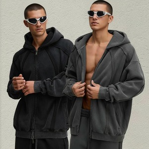 Vente en gros de sweats à capuche vierges personnalisés pour hommes sweats à capuche surdimensionnés de haute qualité en polaire à double fermeture éclair <span class=keywords><strong>sweat</strong></span>-shirts délavés pour l'automne et l'hiver - Product Image 1