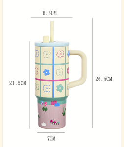 Mug de voyage 710 ml avec poignée imprimée motif dessin animé, en acier inoxydable 316 / intérieur en céramique, couvercle en PP, joint en silicone et paille - Product Image 6
