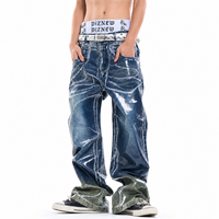 DiZNEW Jeans Baggy Personnalisés Effet Brillant Double Ceinture Denim Ciré Lourd OEM Pantalons Streetwear Haut de Gamme