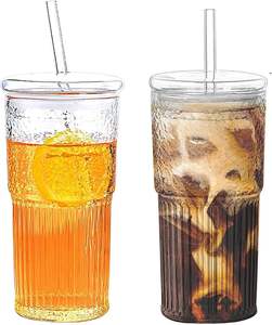2 Vasos de Vidrio con Tapas y Pajitas de Vidrio de 20 oz, Vasos para Café Helado, Esenciales para el Hogar, con Tapa y Pajita para Cerveza - Product Image 1