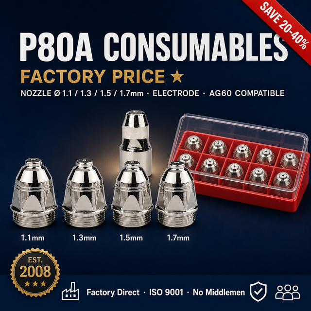 P80 Plasma Nozzle 1.1MM 1.3MM 1.5MM Cutting Consumables Hafnium Copper Plasma Electrode Plasma Nozzle 10pcs/box Torch Parts
