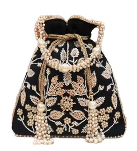 Pochette de soirée élégante en satin pour femme, sac à rabat, pochette Potli avec motif bonbon brodé et décoration de perles - Product Image 1