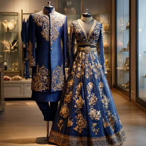 Nuevo y Elegante Conjunto de Sherwani y Lehenga de Chifón con Bordado Floral Azul, Atuendo Tradicional para Bodas, Estilo Indio-Pakistaní para Compromisos - Product Image 1