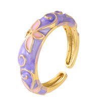 Bagues ouvertes ajustables en or plaqué vintage chic, design floral en émail cloisonné chinois pour femmes