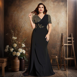 black jersey maxi dress V-Neck Floor-Length Sequin Velvet Prom Gown with High Slit Plus Size Dress Poly USA W1124
