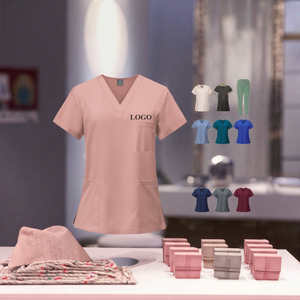 Haut de blouse médicale unisexe de haute qualité, personnalisable, pour hôpital, col en V, manches courtes, en polyester et coton tricoté à l'aiguille - Product Image 2