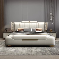 Lit double 1,8m/1,5m de style italien nordique pour chambre principale, moderne et minimaliste, avec rangement, lit de mariage haut de gamme en cuir véritable et bois