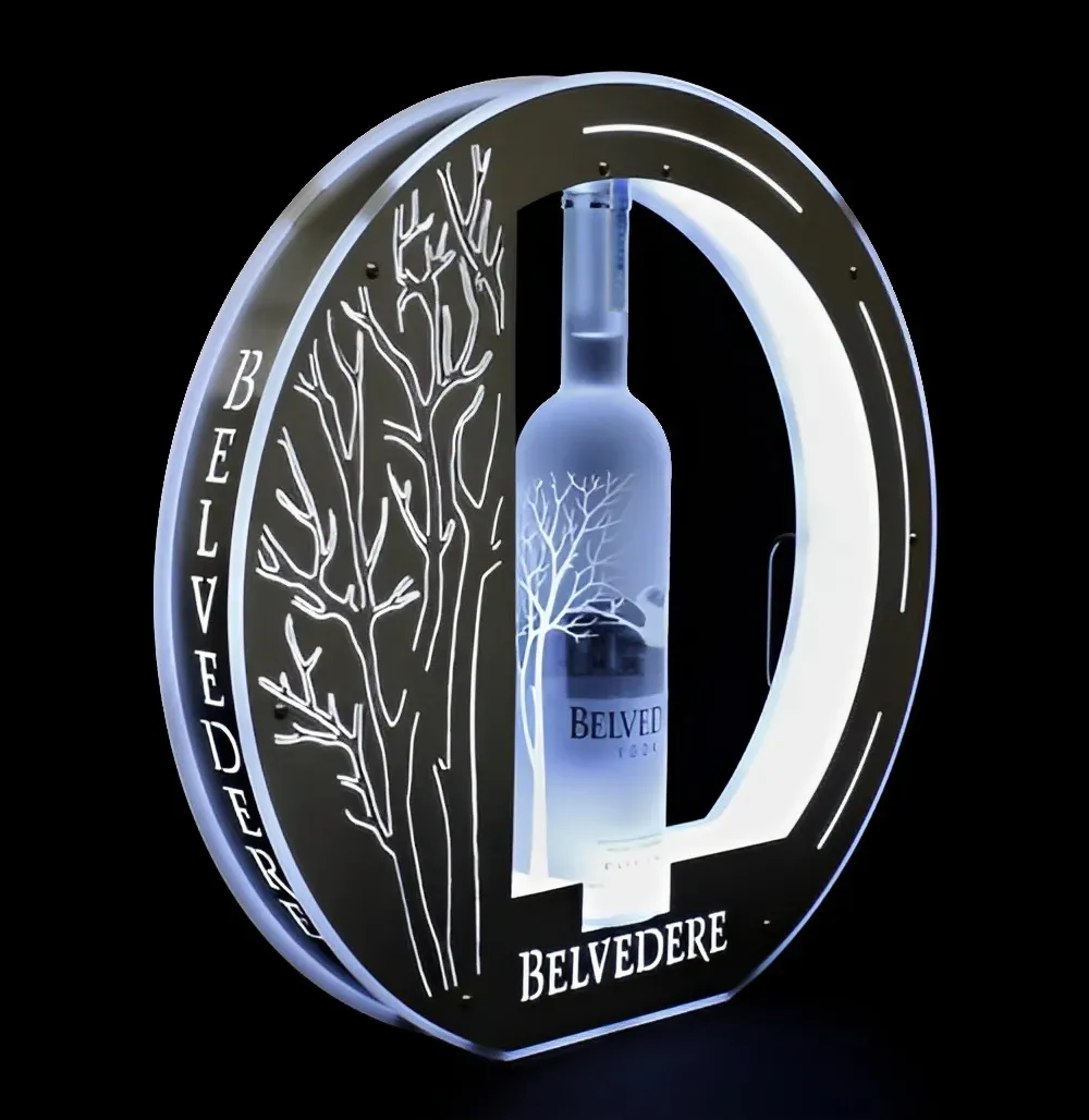 Finition chromée ronde Led illuminée Belvedere Vodka bouteille Glorifiers Led modèles d'arbre Base lumineuse boîte de nuit présentateur de bouteille