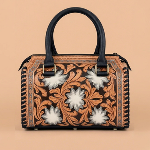 Custom Genuine Leather Weekender Handbag Embossed Floral Tote Duffel <b>Bag</b> Zipper Closure Travel <b>Overnight</b> Purse - Product Image 1
