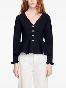 Suéter Cárdigan de Punto para Mujer, Transpirable, Corto, Estilo Vintage, con Volantes en el Bajo y en los Puños, Cuello en V, Informal, de Poliéster/Nailon, con un Solo Botón - Product Image 2