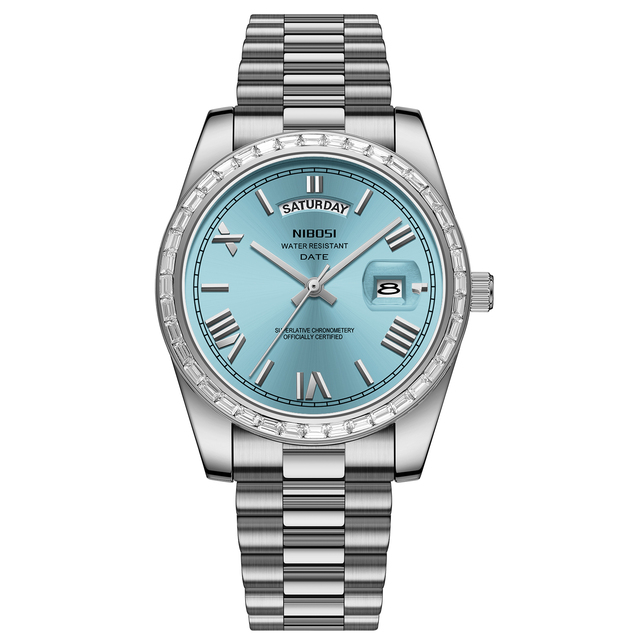 NIBOSI 2708 New Fashion Date Function Watch for Men 3M Waterproof Quartz Men Wristwatch Diamond Case Stainless Steel Strap