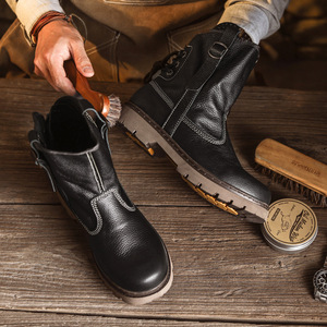 Botas de Hombre de Cuero Genuino Negro con Punta Redonda, Correa con Hebilla, Suela de Goma Antideslizante, Zapatos para Caminar para Todas las Temporadas - Product Image 4