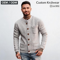 Cardigan en tricot personnalisé pour homme OEM ODM gris clair à boutons avec poches plaquées, faible MOQ, vente en gros