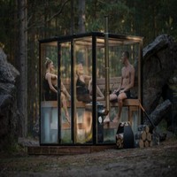 Kabin Sauna Kayu Bakar Mini Cube untuk Luar Ruangan dengan Cermin Pandang Penuh, Cerobong Kaca, Portabel, OEM Menerima Pesanan Grosir Pribadi