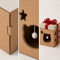 Boîte-cadeau en carton ondulé pour chat avec entrée en forme de tête de chat, découpes en forme de patte et nœud rouge