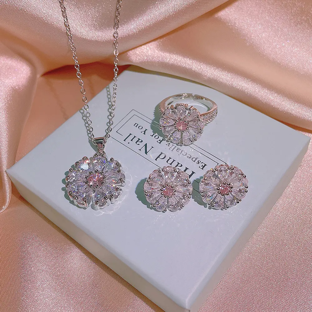 Fashion Luxury Bridal Jewelry Sets Cubic Zirconia Daisy Necklace Fine Three-piece Set Of Rings Jewelry Women