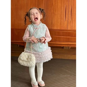 Tongxingyuan Girls Chinese Style Tang Suit Two Piece Princess Dress With Lace Trim And Knot Buttons For New Year - Product Image 4