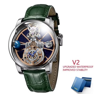 Montre à quartz PINDU Design Série Céleste pour homme, surface ciel étoilé à miroir incurvé, thème Terre en cristal, Montre Homme - Product Image 4