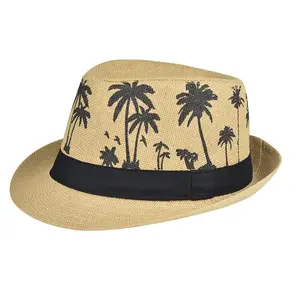 WDD362 Coconut Tree Trilby Beach Sun Hat Travel Short Brim Panama Hat Summer Roll Up Fedora Straw Hats