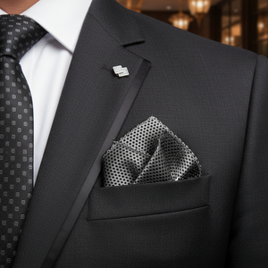 Black Shiny Geometric Pocket Square with Black and <b>Silver</b> - Product Image 3