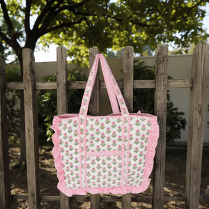 Customized Quilted Cotton Vintage Floral Quilted Large Ruffle Tote <strong>Bag</strong> Handprinted <strong>Boho</strong> Shopping <strong>Bag</strong> for Women - Product Image 1