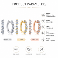Boucles d'oreilles créoles en moissanite, argent sterling 925, 3 mm x 10 pierres, couleur D VVS1, 3 couleurs, bijoux pour femmes