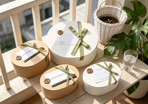 Boîtes cadeaux ovales haut de gamme avec couvercle, fermeture magnétique, en carton kraft épais blanc, ruban imprimé, sceau de cire, cartes de vœux découpées - Product Image 6