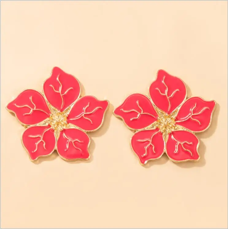 Vintage Peony Flower Stud Earring for Women Red Geometric Dripping Oil Metal Female Wedding Jewelry Accessories