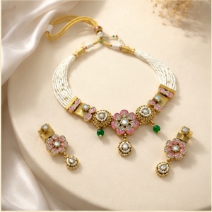 925 <b>Silver</b> Floral Kundan <b>Necklace</b> <b>Set</b> Traditional Indian Bridal Jewelry Handmade Pearl Beaded Choker Earrings <b>Set</b> for Women - Product Image 2