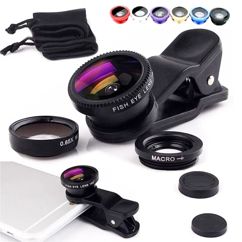 Odm 3 in 1 Fish eye Lens selfie obiettivo grandangolare per cellulare fisheye per iPhone 5 6 7 plus per obiettivo fotocamera Smartphone