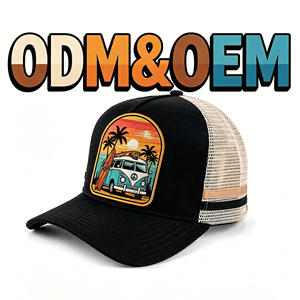 Casquette Trucker <span class=keywords><strong>en</strong></span> Maille Rayée Bicolore avec Logo Patch Tissé Personnalisé Motif Palmier de Plage, OEM ODM, Réglable, pour Sport et Activités de Plein Air - Product Image 1