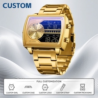 Montres personnalisées, MOQ 50 pièces, montres de luxe pour hommes, quartz, carrées, en acier inoxydable, compte à rebours, sportives, étanches, double affichage, LED, numériques